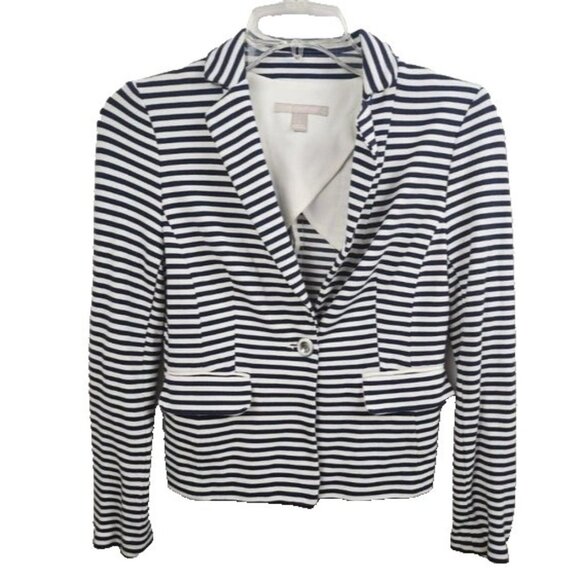 Banana Republic Womens Blazer Jacket Size 0 Blue White Striped Ponte Carrier - Picture 1 of 6